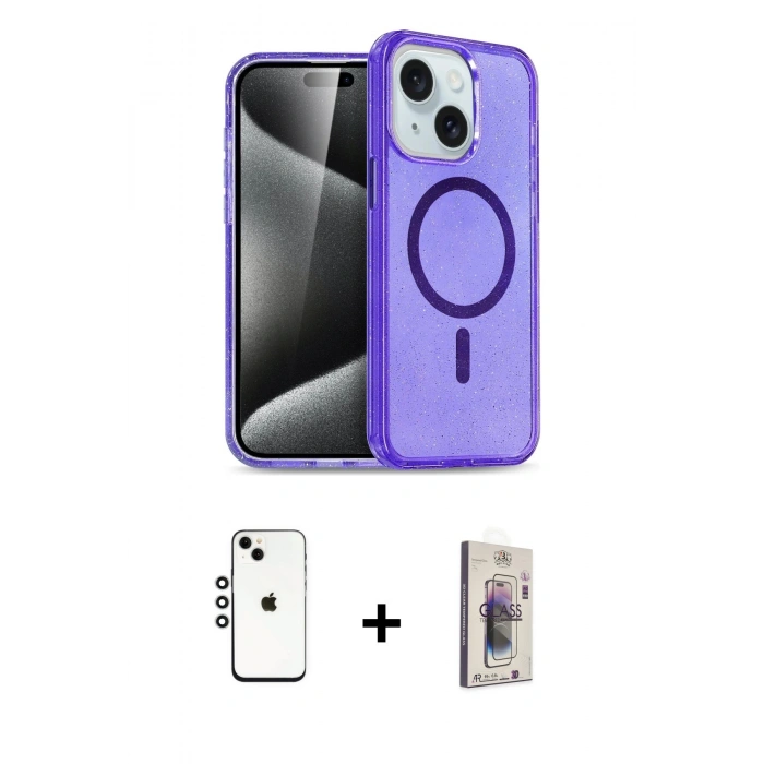 MARSİLYAN™- iPhone 14 Kılıf Nova Asil Prime - Siyah Bilvis 3D Cam Ekran Koruyucu + Shine Kamera Lens - GS