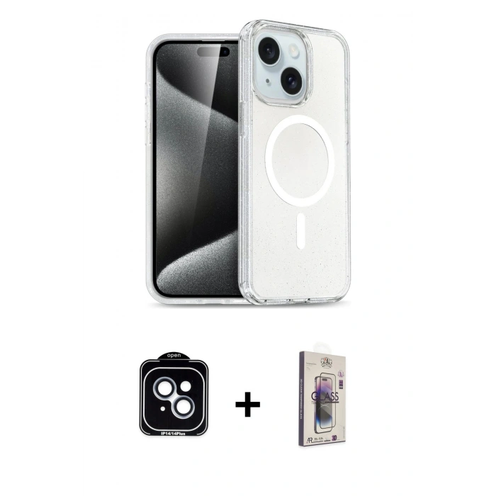 MARSİLYAN™- iPhone 14 Kılıf Nova Asil Prime - Siyah Bilvis 3D Cam Ekran Koruyucu + PVD Metal Kamera Lens - MI
