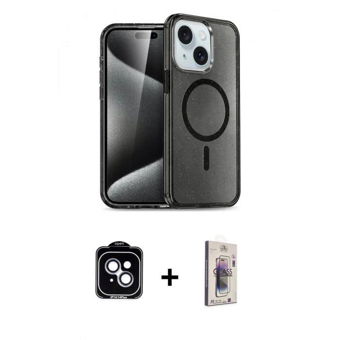 MARSİLYAN™- iPhone 14 Kılıf Nova Asil Prime - Siyah Bilvis 3D Cam Ekran Koruyucu + PVD Metal Kamera Lens - MI