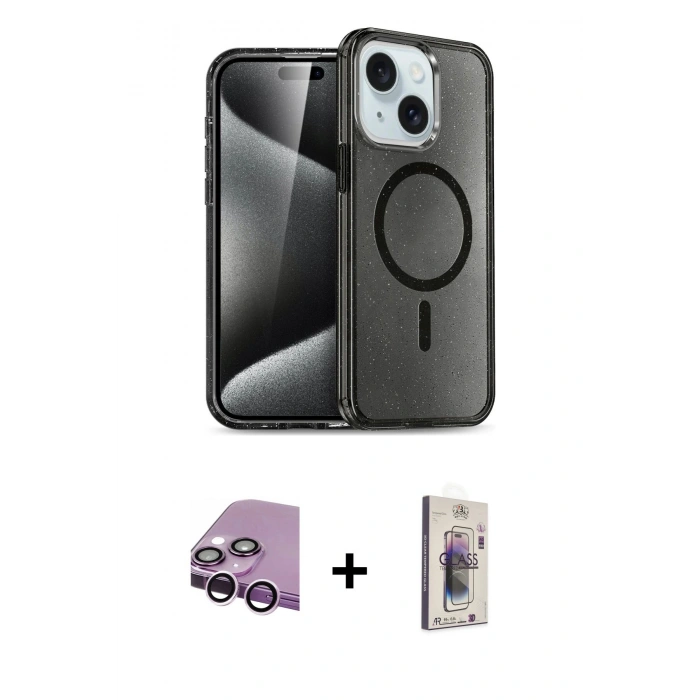 MARSİLYAN™- iPhone 14 Kılıf Nova Asil Prime - Siyah Bilvis 3D Cam Ekran Koruyucu + Raze Metal Kamera Lens - MR