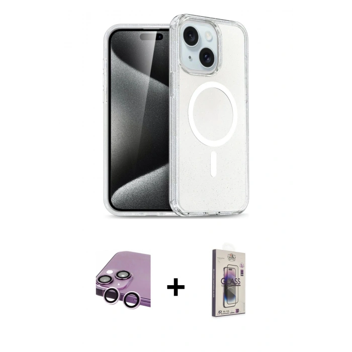 MARSİLYAN™- iPhone 14 Kılıf Nova Asil Prime - Siyah Bilvis 3D Cam Ekran Koruyucu + Raze Metal Kamera Lens - MR