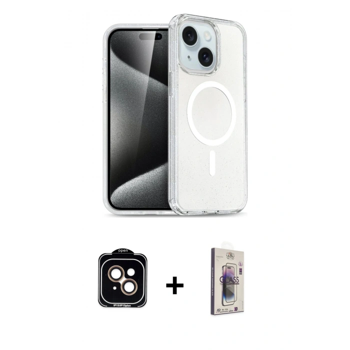 MARSİLYAN™- iPhone 14 Kılıf Nova Asil Prime - Siyah Bilvis 3D Cam Ekran Koruyucu + PVD Metal Kamera Lens - TU