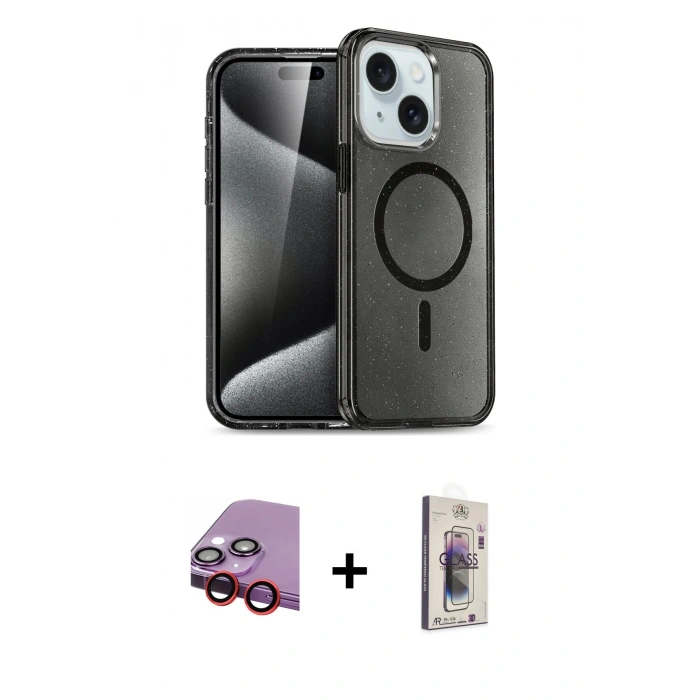 MARSİLYAN™- iPhone 14 Kılıf Nova Asil Prime - Siyah Bilvis 3D Cam Ekran Koruyucu + Raze Metal Kamera Lens - KI