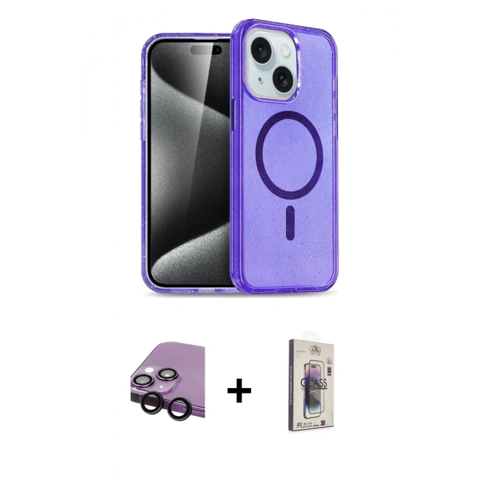 MARSİLYAN™- iPhone 14 Kılıf Nova Asil Prime - Siyah Bilvis 3D Cam Ekran Koruyucu + Raze Metal Kamera Lens - SH