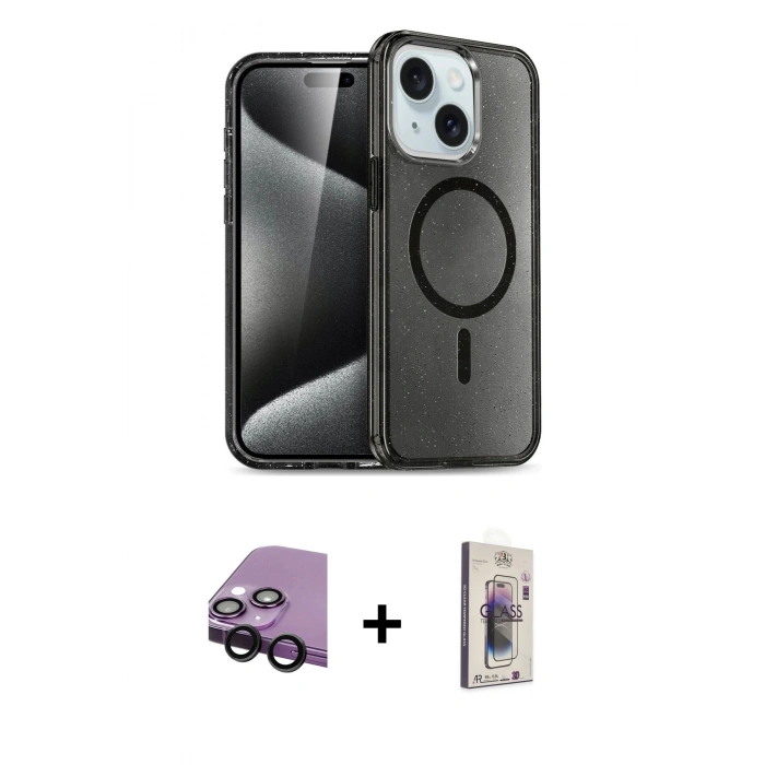MARSİLYAN™- iPhone 14 Kılıf Nova Asil Prime - Siyah Bilvis 3D Cam Ekran Koruyucu + Raze Metal Kamera Lens - SH