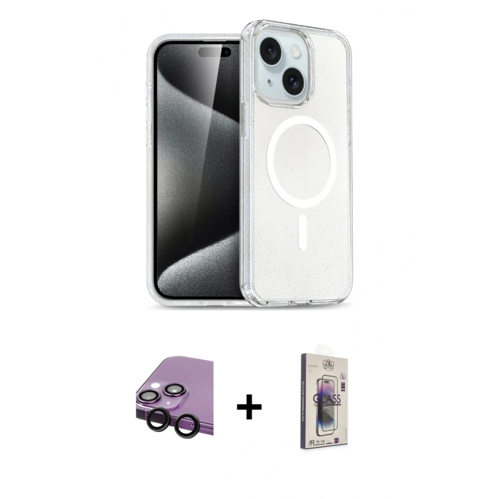 MARSİLYAN™- iPhone 14 Kılıf Nova Asil Prime - Siyah Bilvis 3D Cam Ekran Koruyucu + Raze Metal Kamera Lens - SH