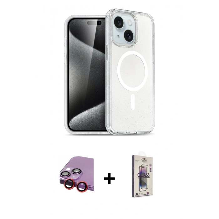 MARSİLYAN™- iPhone 14 Kılıf Nova Asil Prime - Siyah Bilvis 3D Cam Ekran Koruyucu + Raze Metal Kamera Lens - KI