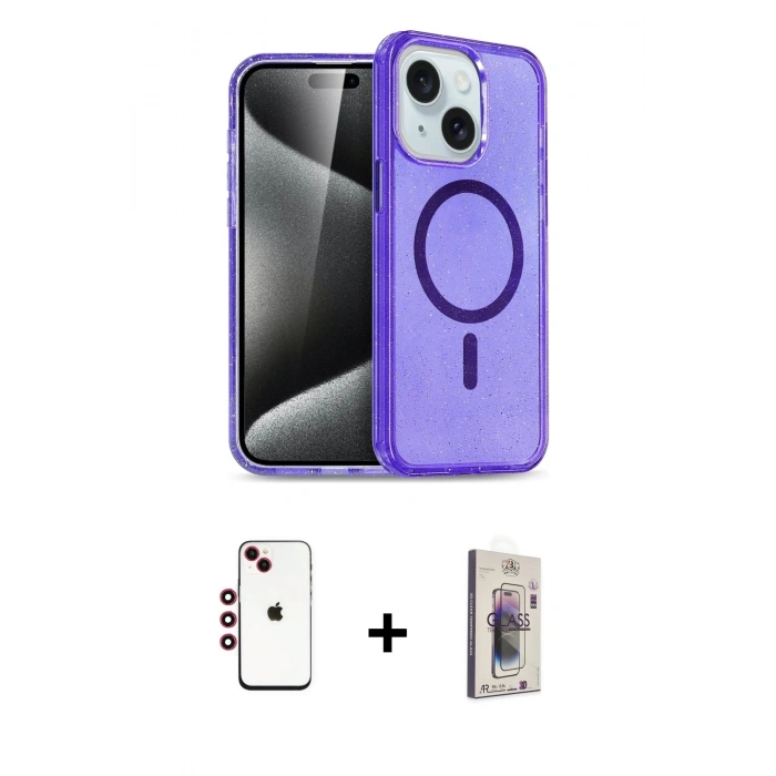 MARSİLYAN™- iPhone 14 Kılıf Nova Asil Prime - Siyah Bilvis 3D Cam Ekran Koruyucu + Shine Kamera Lens - KI