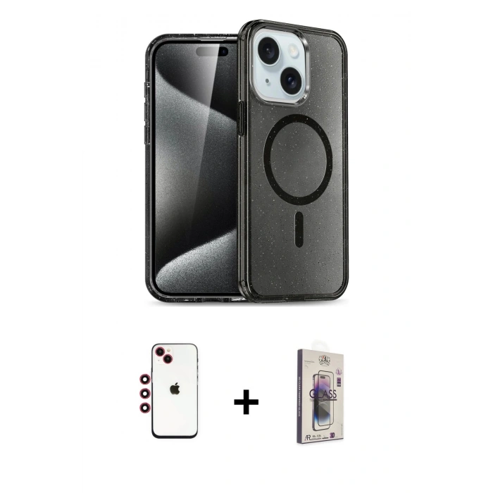 MARSİLYAN™- iPhone 14 Kılıf Nova Asil Prime - Siyah Bilvis 3D Cam Ekran Koruyucu + Shine Kamera Lens - KI