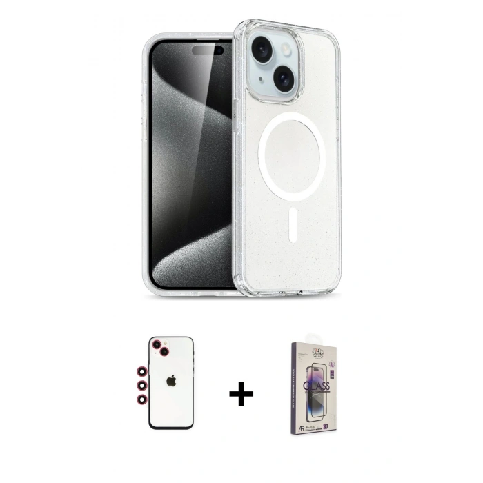 MARSİLYAN™- iPhone 14 Kılıf Nova Asil Prime - Siyah Bilvis 3D Cam Ekran Koruyucu + Shine Kamera Lens - KI