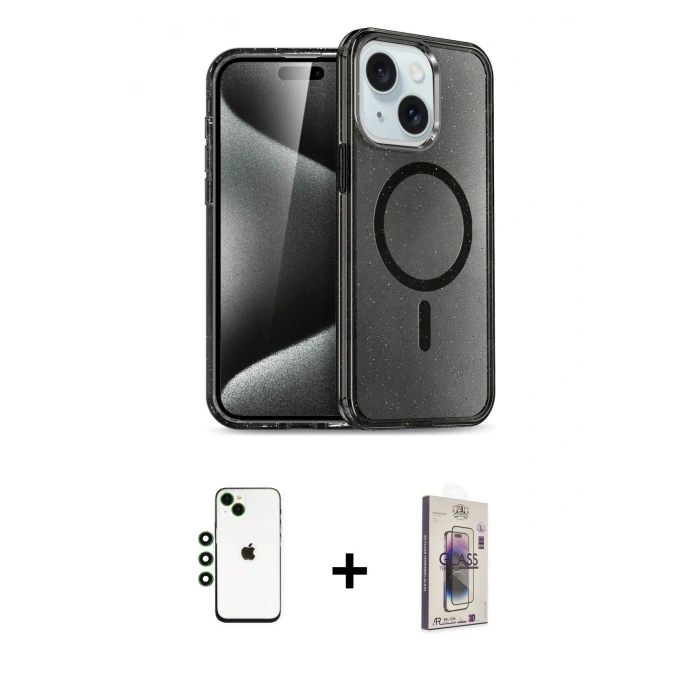 MARSİLYAN™- iPhone 14 Kılıf Nova Asil Prime - Siyah Bilvis 3D Cam Ekran Koruyucu + Shine Kamera Lens - YL