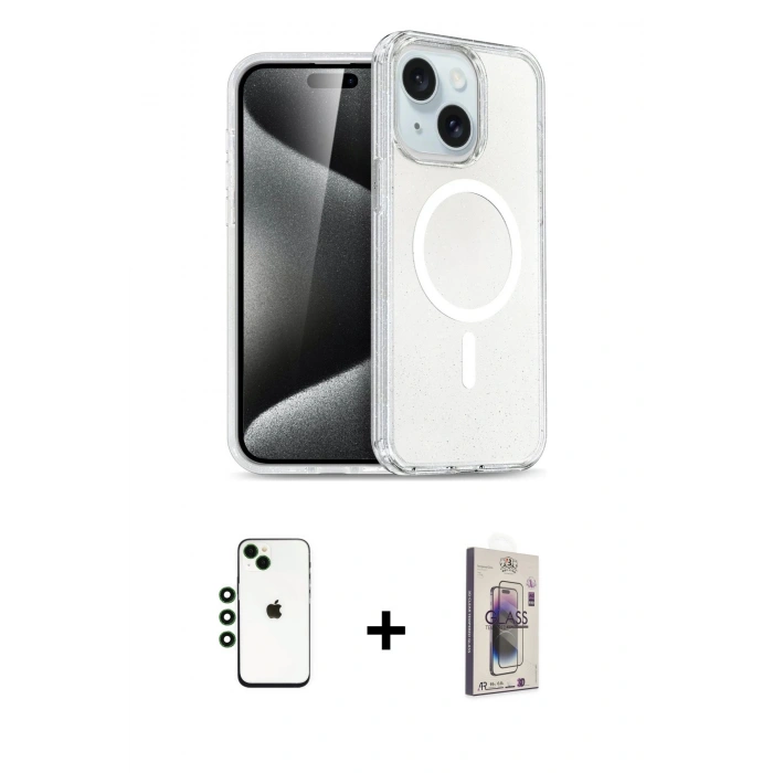 MARSİLYAN™- iPhone 14 Kılıf Nova Asil Prime - Siyah Bilvis 3D Cam Ekran Koruyucu + Shine Kamera Lens - YL