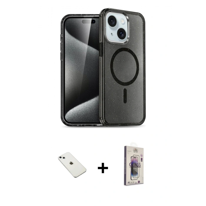 MARSİLYAN™- iPhone 14 Kılıf Nova Asil Prime - Siyah Bilvis 3D Cam Ekran Koruyucu + Diamond Kamera Lens - SABE