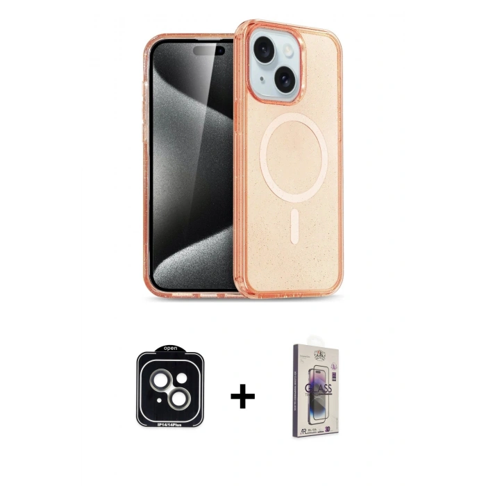 MARSİLYAN™- iPhone 14 Kılıf Nova Asil Prime - Siyah Bilvis 3D Cam Ekran Koruyucu + PVD Metal Kamera Lens - YL