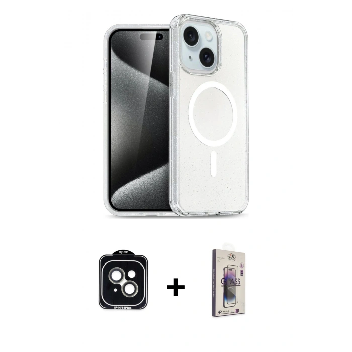 MARSİLYAN™- iPhone 14 Kılıf Nova Asil Prime - Siyah Bilvis 3D Cam Ekran Koruyucu + PVD Metal Kamera Lens - YL
