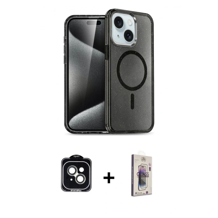 MARSİLYAN™- iPhone 14 Kılıf Nova Asil Prime - Siyah Bilvis 3D Cam Ekran Koruyucu + PVD Metal Kamera Lens - YL