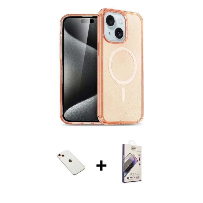 MARSİLYAN™- iPhone 14 Kılıf Nova Asil Prime - Siyah Bilvis 3D Mat Cam Ekran Koruyucu + Diamond Kamera Lens - KI