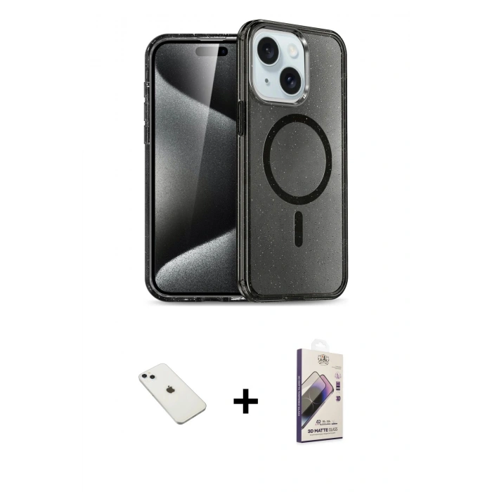 MARSİLYAN™- iPhone 14 Kılıf Nova Asil Prime - Siyah Bilvis 3D Mat Cam Ekran Koruyucu + Diamond Kamera Lens - SABE