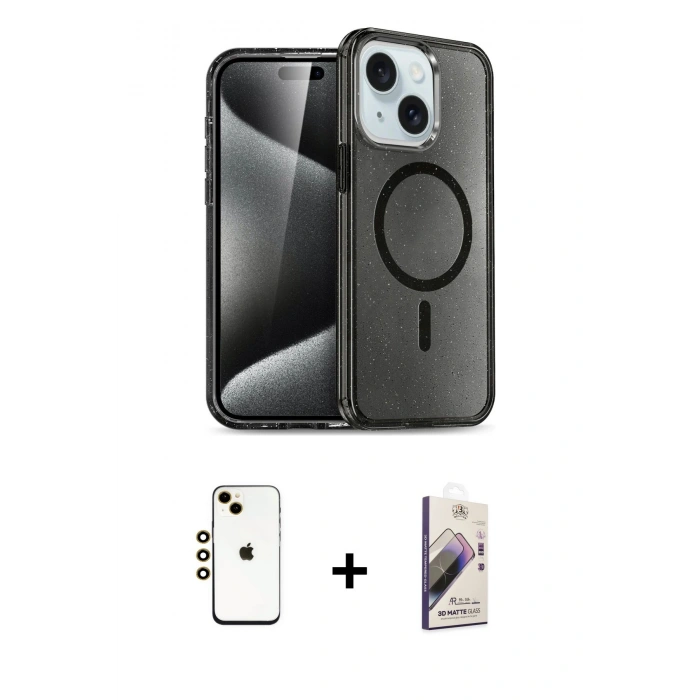 MARSİLYAN™- iPhone 14 Kılıf Nova Asil Prime - Siyah Bilvis 3D Mat Cam Ekran Koruyucu + Shine Kamera Lens - GD