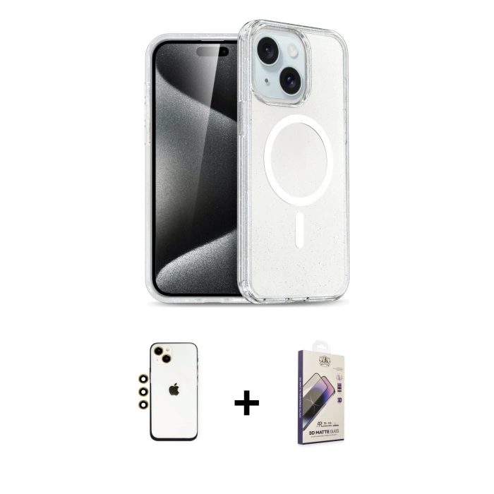 MARSİLYAN™- iPhone 14 Kılıf Nova Asil Prime - Siyah Bilvis 3D Mat Cam Ekran Koruyucu + Shine Kamera Lens - GD