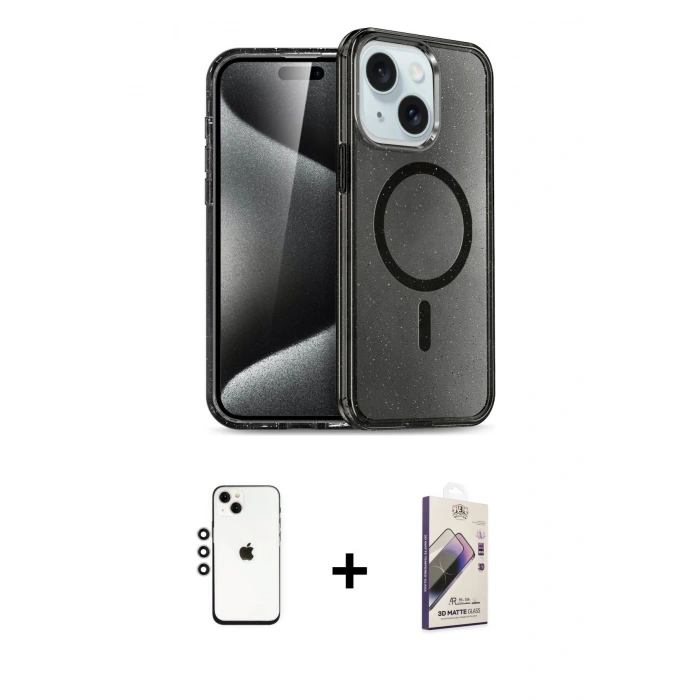 MARSİLYAN™- iPhone 14 Kılıf Nova Asil Prime - Siyah Bilvis 3D Mat Cam Ekran Koruyucu + Gümüş Shine Kamera Lens