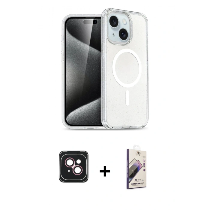 MARSİLYAN™- iPhone 14 Kılıf Nova Asil Prime - Siyah Bilvis 3D Mat Cam Ekran Koruyucu + PVD Metal Kamera Lens - PE