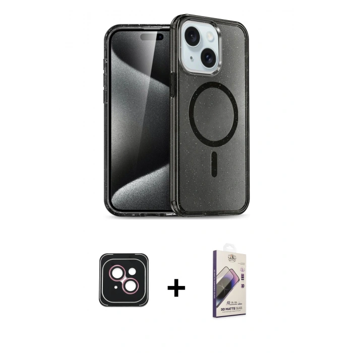 MARSİLYAN™- iPhone 14 Kılıf Nova Asil Prime - Siyah Bilvis 3D Mat Cam Ekran Koruyucu + PVD Metal Kamera Lens - PE