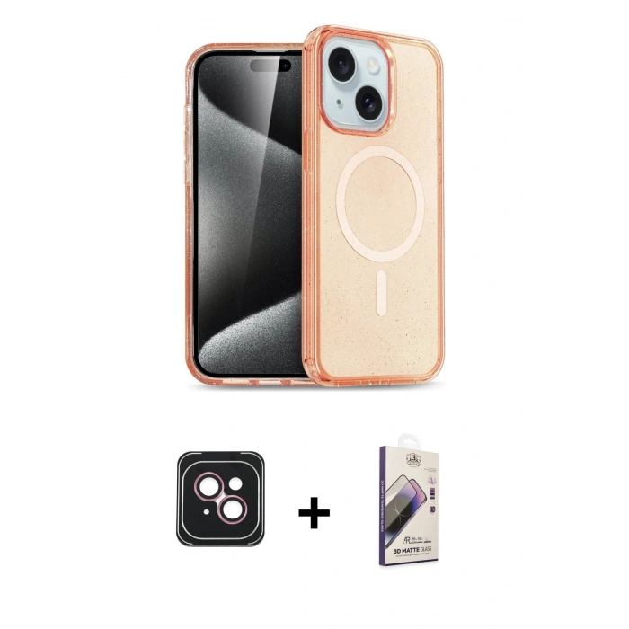 MARSİLYAN™- iPhone 14 Kılıf Nova Asil Prime - Siyah Bilvis 3D Mat Cam Ekran Koruyucu + PVD Metal Kamera Lens - PE