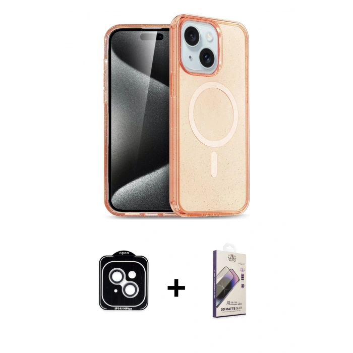 MARSİLYAN™- iPhone 14 Kılıf Nova Asil Prime - Siyah Bilvis 3D Mat Cam Ekran Koruyucu + PVD Metal Kamera Lens - GS
