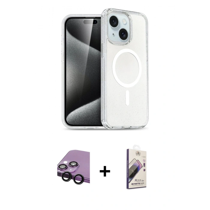 MARSİLYAN™- iPhone 14 Kılıf Nova Asil Prime - Siyah Bilvis 3D Mat Cam Ekran Koruyucu + Raze Metal Kamera Lens - SH