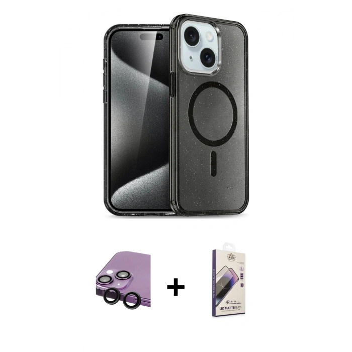 MARSİLYAN™- iPhone 14 Kılıf Nova Asil Prime - Siyah Bilvis 3D Mat Cam Ekran Koruyucu + Raze Metal Kamera Lens - SH