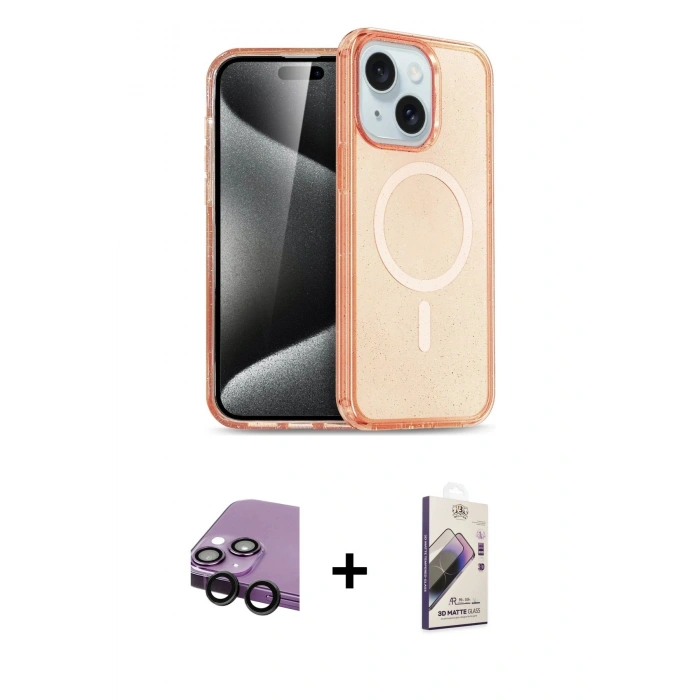 MARSİLYAN™- iPhone 14 Kılıf Nova Asil Prime - Siyah Bilvis 3D Mat Cam Ekran Koruyucu + Raze Metal Kamera Lens - SH