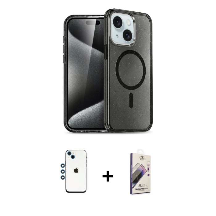 MARSİLYAN™- iPhone 14 Kılıf Nova Asil Prime - Siyah Bilvis 3D Mat Cam Ekran Koruyucu + Shine Kamera Lens - MI