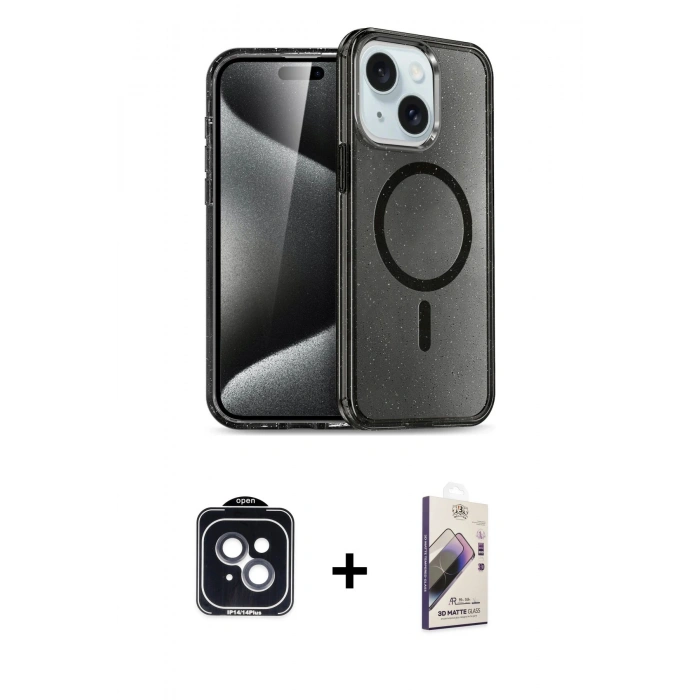 MARSİLYAN™- iPhone 14 Kılıf Nova Asil Prime - Siyah Bilvis 3D Mat Cam Ekran Koruyucu + PVD Metal Kamera Lens - SH