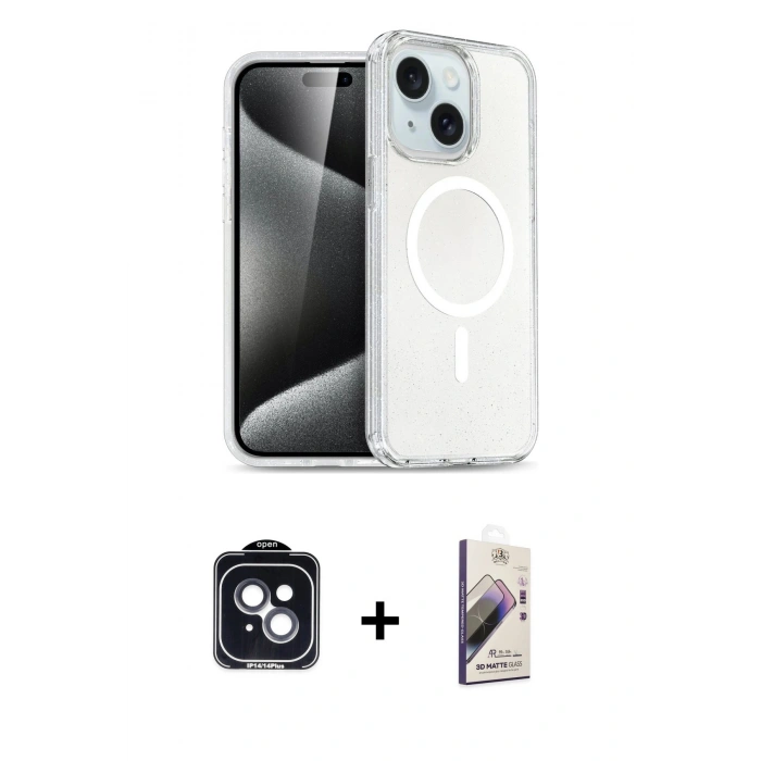 MARSİLYAN™- iPhone 14 Kılıf Nova Asil Prime - Siyah Bilvis 3D Mat Cam Ekran Koruyucu + PVD Metal Kamera Lens - SH
