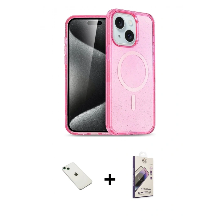 MARSİLYAN™- iPhone 14 Kılıf Nova Asil Prime - Siyah Bilvis 3D Mat Cam Ekran Koruyucu + Diamond Kamera Lens - YL