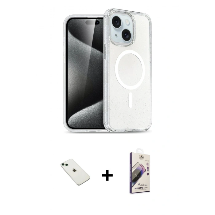 MARSİLYAN™- iPhone 14 Kılıf Nova Asil Prime - Siyah Bilvis 3D Mat Cam Ekran Koruyucu + Diamond Kamera Lens - YL