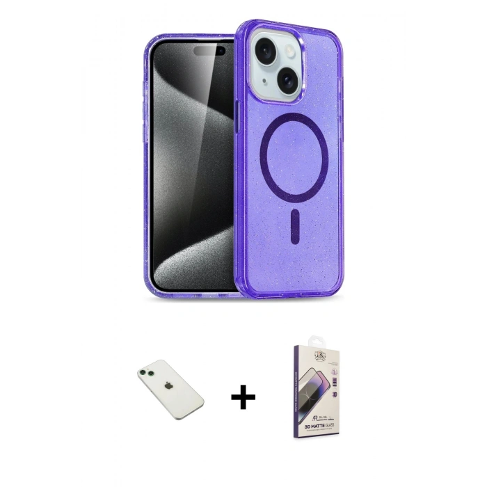 MARSİLYAN™- iPhone 14 Kılıf Nova Asil Prime - Siyah Bilvis 3D Mat Cam Ekran Koruyucu + Diamond Kamera Lens - YL