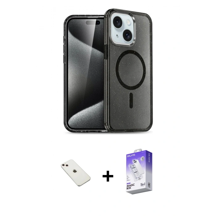 MARSİLYAN™- iPhone 14 Kılıf Nova Asil Prime - Siyah Bilvis 5in1 3D Magic Cam Ekran Koruyucu + Diamond Kamera Lens - PE
