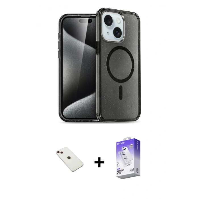MARSİLYAN™- iPhone 14 Kılıf Nova Asil Prime - Siyah Bilvis 5in1 3D Magic Cam Ekran Koruyucu + Diamond Kamera Lens - KI