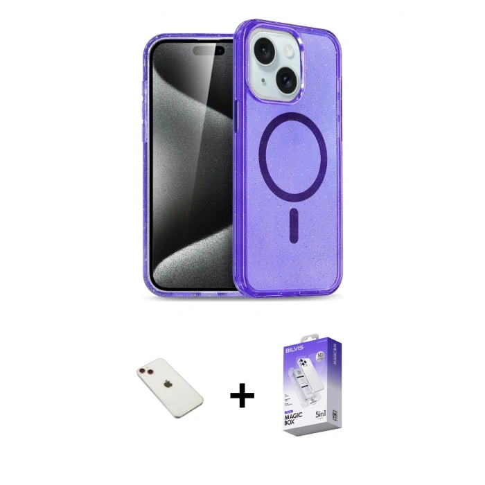 MARSİLYAN™- iPhone 14 Kılıf Nova Asil Prime - Siyah Bilvis 5in1 3D Magic Cam Ekran Koruyucu + Diamond Kamera Lens - KI