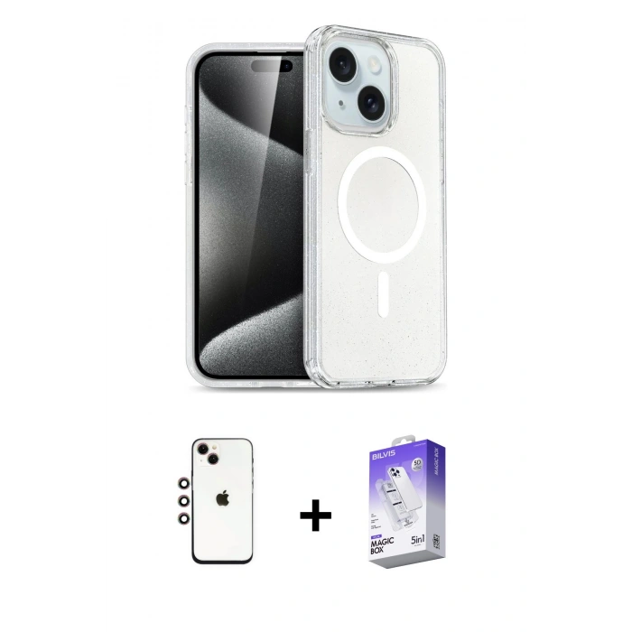 MARSİLYAN™- iPhone 14 Kılıf Nova Asil Prime - Siyah Bilvis 5in1 3D Magic Cam Ekran Koruyucu + Shine Kamera Lens - GI