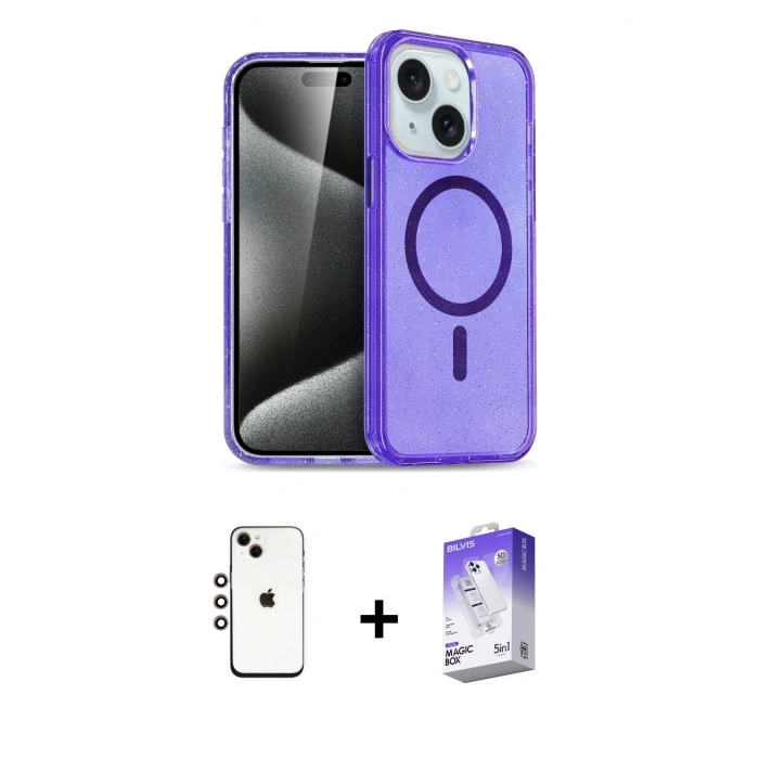 MARSİLYAN™- iPhone 14 Kılıf Nova Asil Prime - Siyah Bilvis 5in1 3D Magic Cam Ekran Koruyucu + Shine Kamera Lens - GI