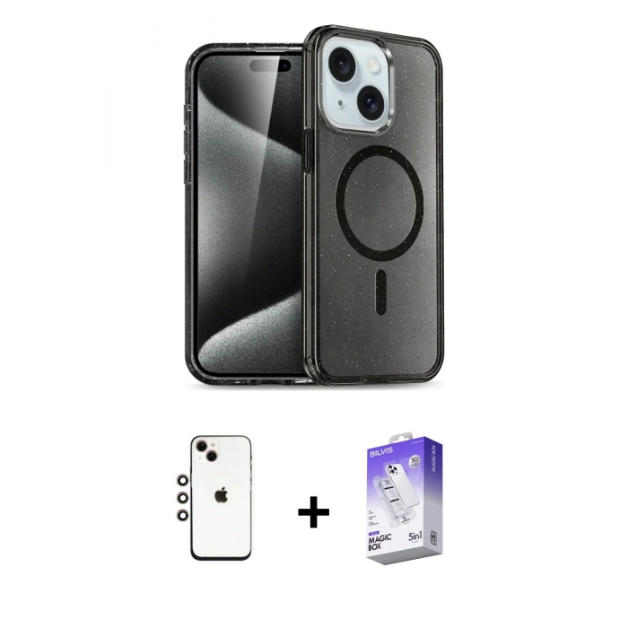 MARSİLYAN™- iPhone 14 Kılıf Nova Asil Prime - Siyah Bilvis 5in1 3D Magic Cam Ekran Koruyucu + Shine Kamera Lens - GI
