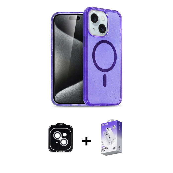 MARSİLYAN™- iPhone 14 Kılıf Nova Asil Prime - Siyah Bilvis 5in1 3D Magic Cam Ekran Koruyucu + PVD Metal Kamera Lens - GS