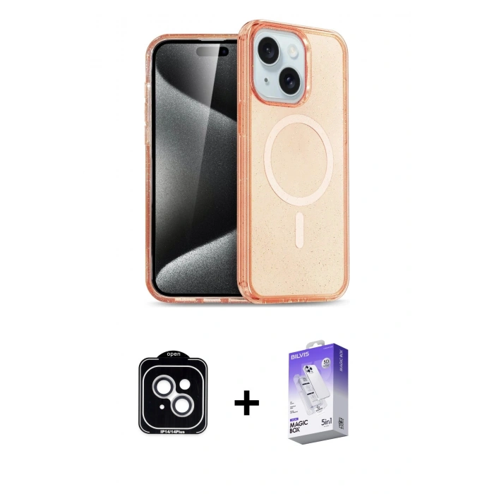 MARSİLYAN™- iPhone 14 Kılıf Nova Asil Prime - Siyah Bilvis 5in1 3D Magic Cam Ekran Koruyucu + PVD Metal Kamera Lens - GS