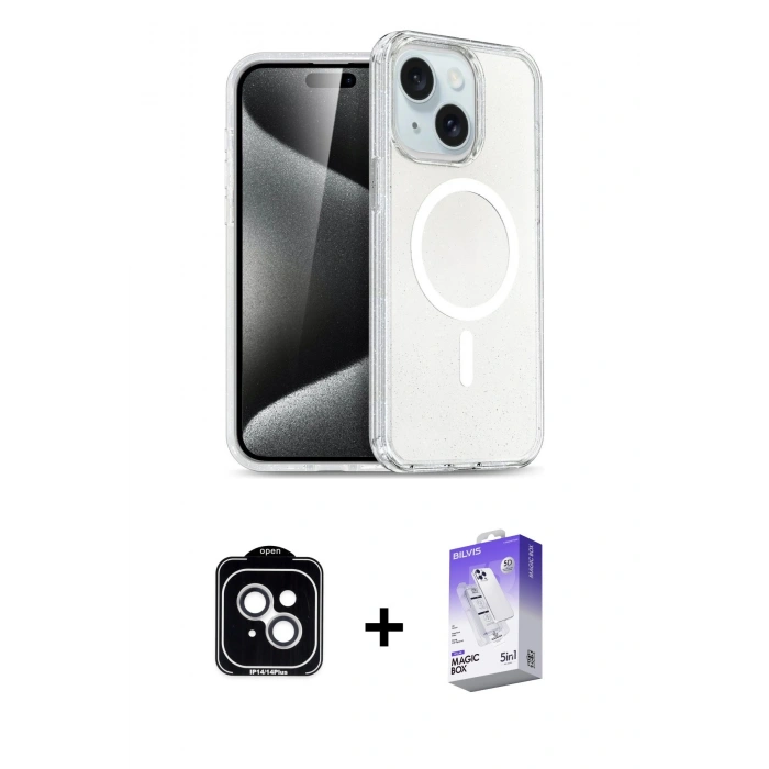 MARSİLYAN™- iPhone 14 Kılıf Nova Asil Prime - Siyah Bilvis 5in1 3D Magic Cam Ekran Koruyucu + PVD Metal Kamera Lens - GS