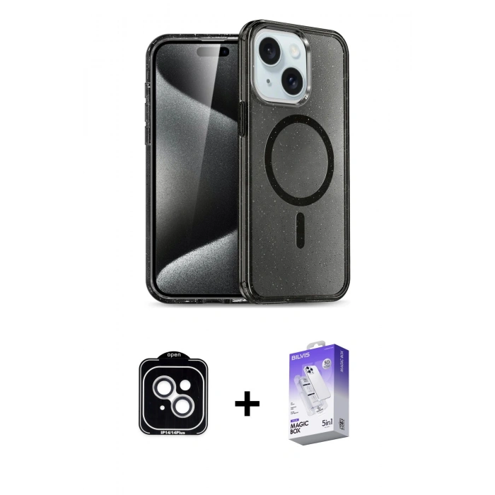 MARSİLYAN™- iPhone 14 Kılıf Nova Asil Prime - Siyah Bilvis 5in1 3D Magic Cam Ekran Koruyucu + PVD Metal Kamera Lens - GS