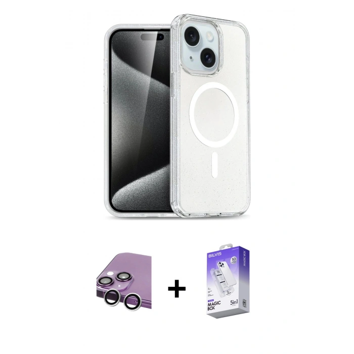 MARSİLYAN™- iPhone 14 Kılıf Nova Asil Prime - Siyah Bilvis 5in1 3D Magic Cam Ekran Koruyucu + Raze Metal Kamera Lens - GS