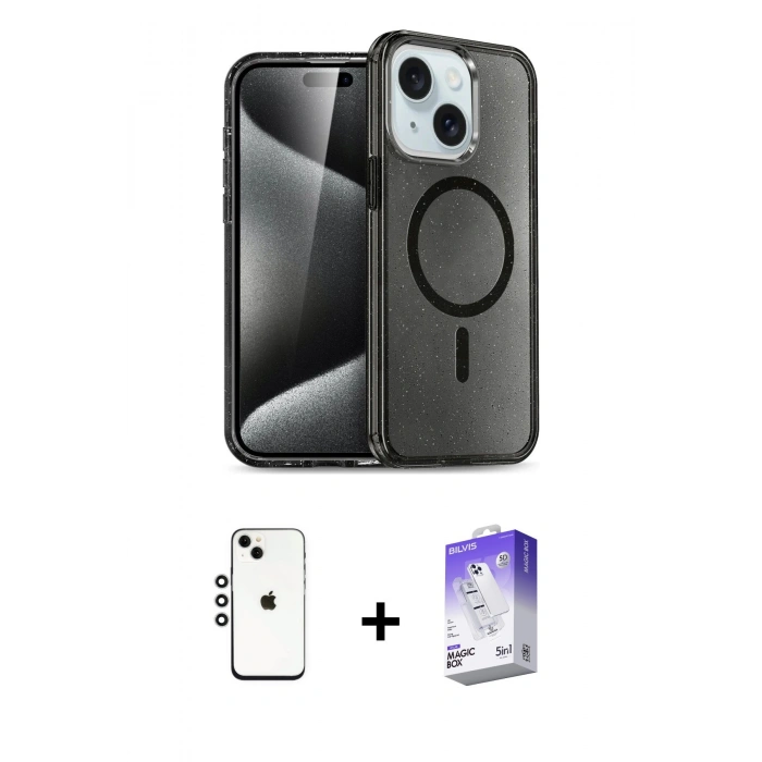 MARSİLYAN™- iPhone 14 Kılıf Nova Asil Prime - Siyah Bilvis 5in1 3D Magic Cam Ekran Koruyucu + Shine Kamera Lens - GS